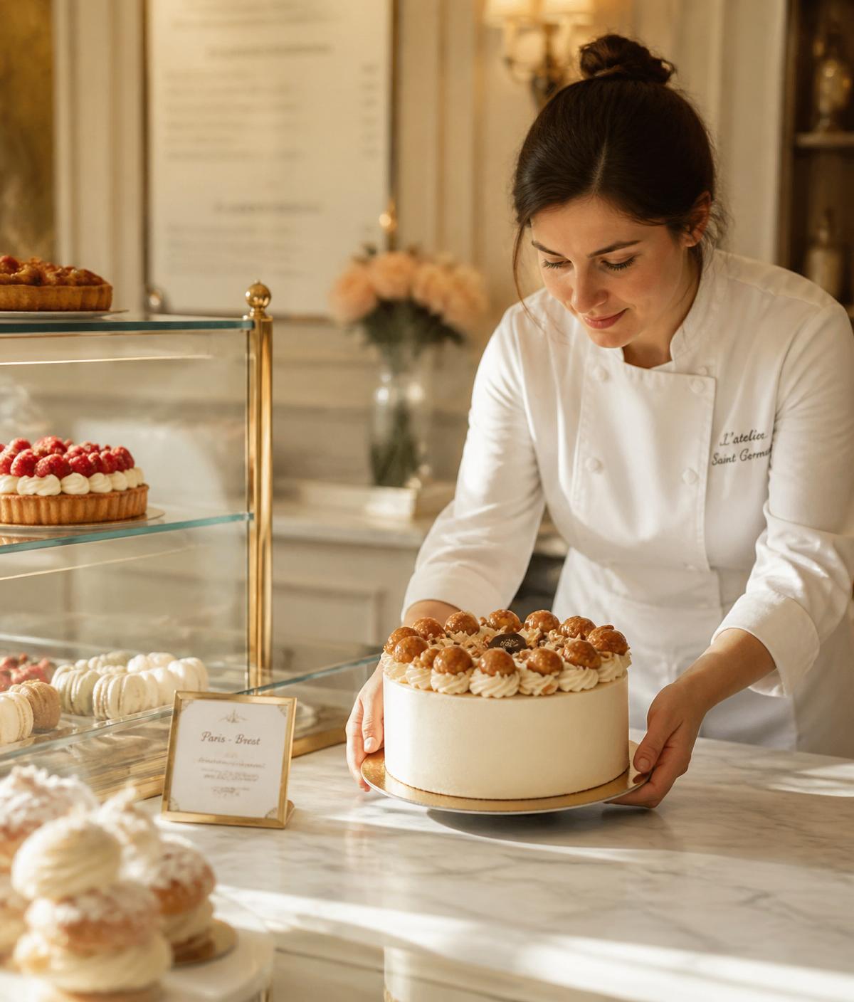 Cukrářka v elegantní pâtisserie odkládá hotový dort na mramorový pult